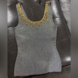 Sleeveless Metallic Knit Tank with Gold Beaded Neckline